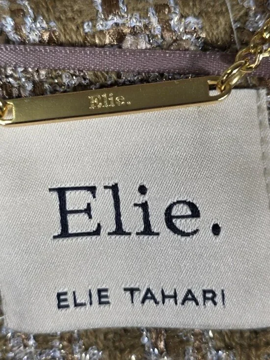 Elie Tahari Sparkle Desert Plaid Tweed Long Blazer Size Medium Ivory & Tan Plaid - Picture 10 of 12